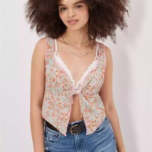 American Eagle Floral Tie Front Crop Top Size XL